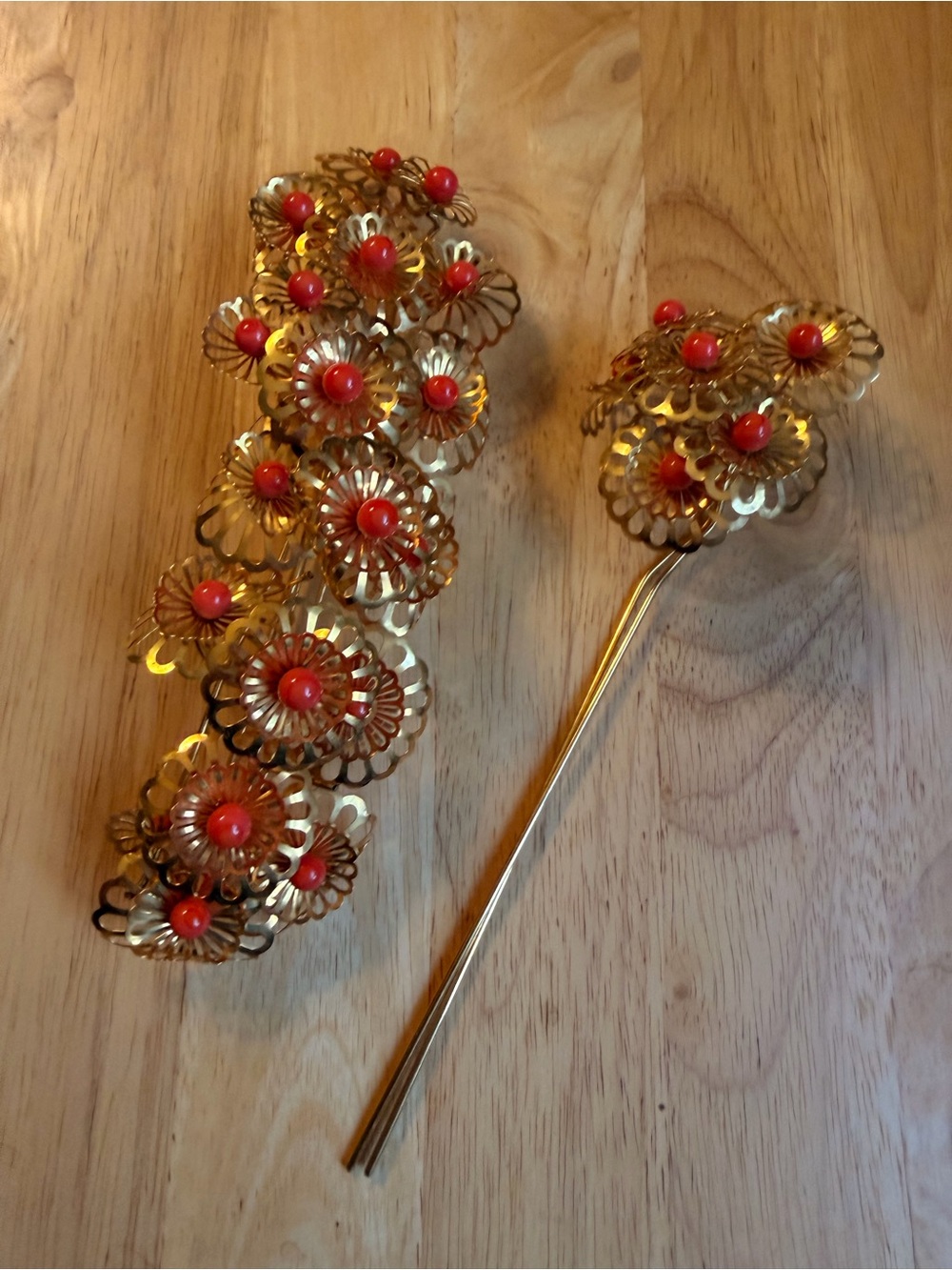 Gold Floral Hairpin Set with Coral Bead Centers